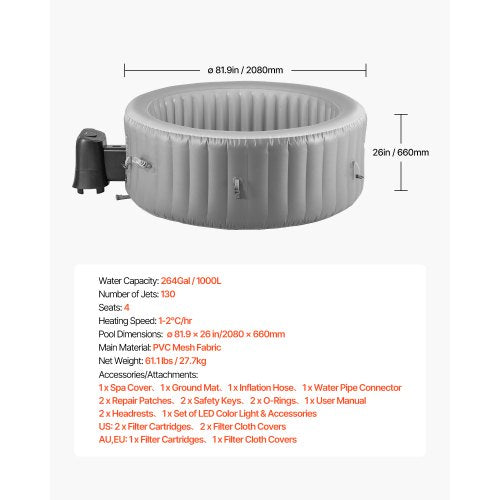 Aufblasbarer Whirlpool, Kapazität 4 bis 6 Personen, 2080 x 660 mm, tragbarer Outdoor-Spa