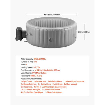 Uppblåsbar Bubbelpool 6 till 8 Personer Kapacitet 2400x660mm Bärbar Utomhusspa