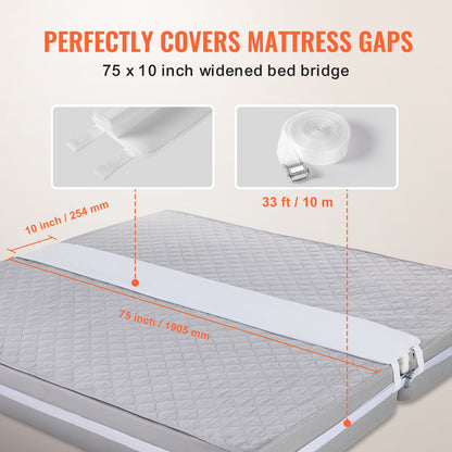 Bed Bridge, King Bed Converter Kit, Split King Gap Filler for Adjustable Bed Mattress Connector Mattress Gap Filler with Heavy Duty Metal Buckle Strap 25D Memory Foam (75" L x 10" W)