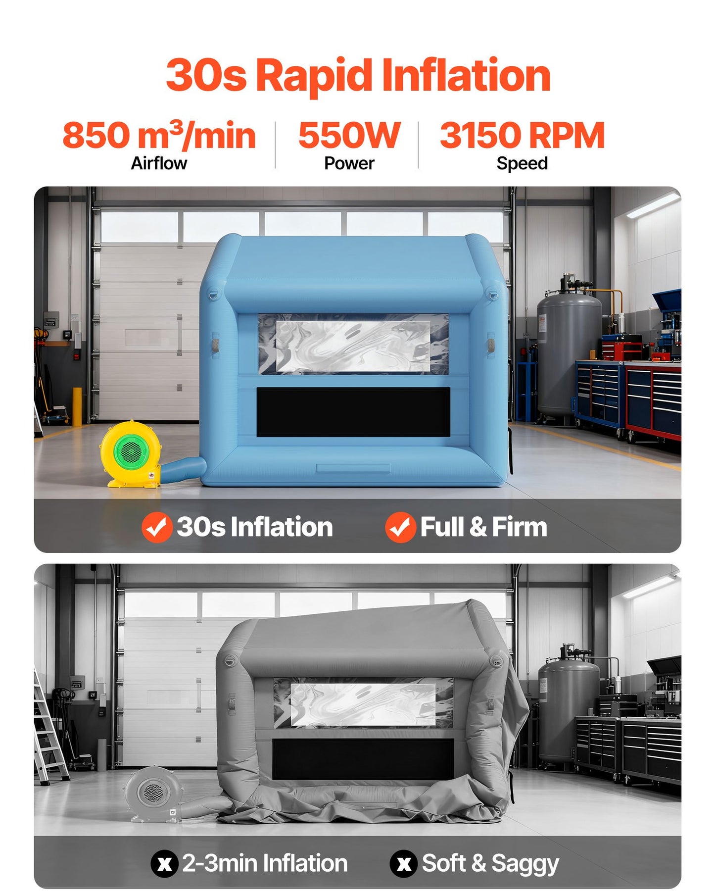 Inflatable Paint Booth, 9.84 x 8.2 x 8.2 ft, Inflatable Spray Booth with 550W Powerful Blower and Air Filter System, Triangular Roof, for Painting Bicycle, Motorcycle, Automotive Sheet Metal