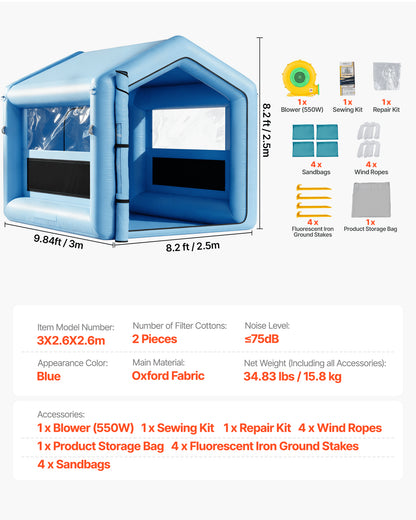 Inflatable Paint Booth, 9.84 x 8.2 x 8.2 ft, Inflatable Spray Booth with 550W Powerful Blower and Air Filter System, Triangular Roof, for Painting Bicycle, Motorcycle, Automotive Sheet Metal