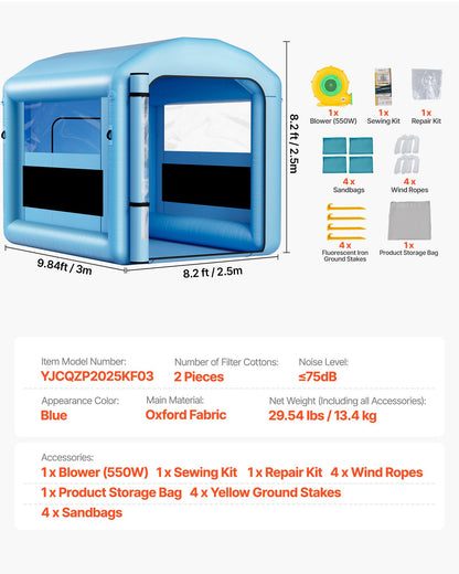 Inflatable Paint Booth, 9.84 x 8.2 x 8.2 ft, Inflatable Spray Booth with 550W Powerful Blower and Air Filter System, Round Roof with Light Hook, for Painting Bicycle, Motorcycle, and Furniture