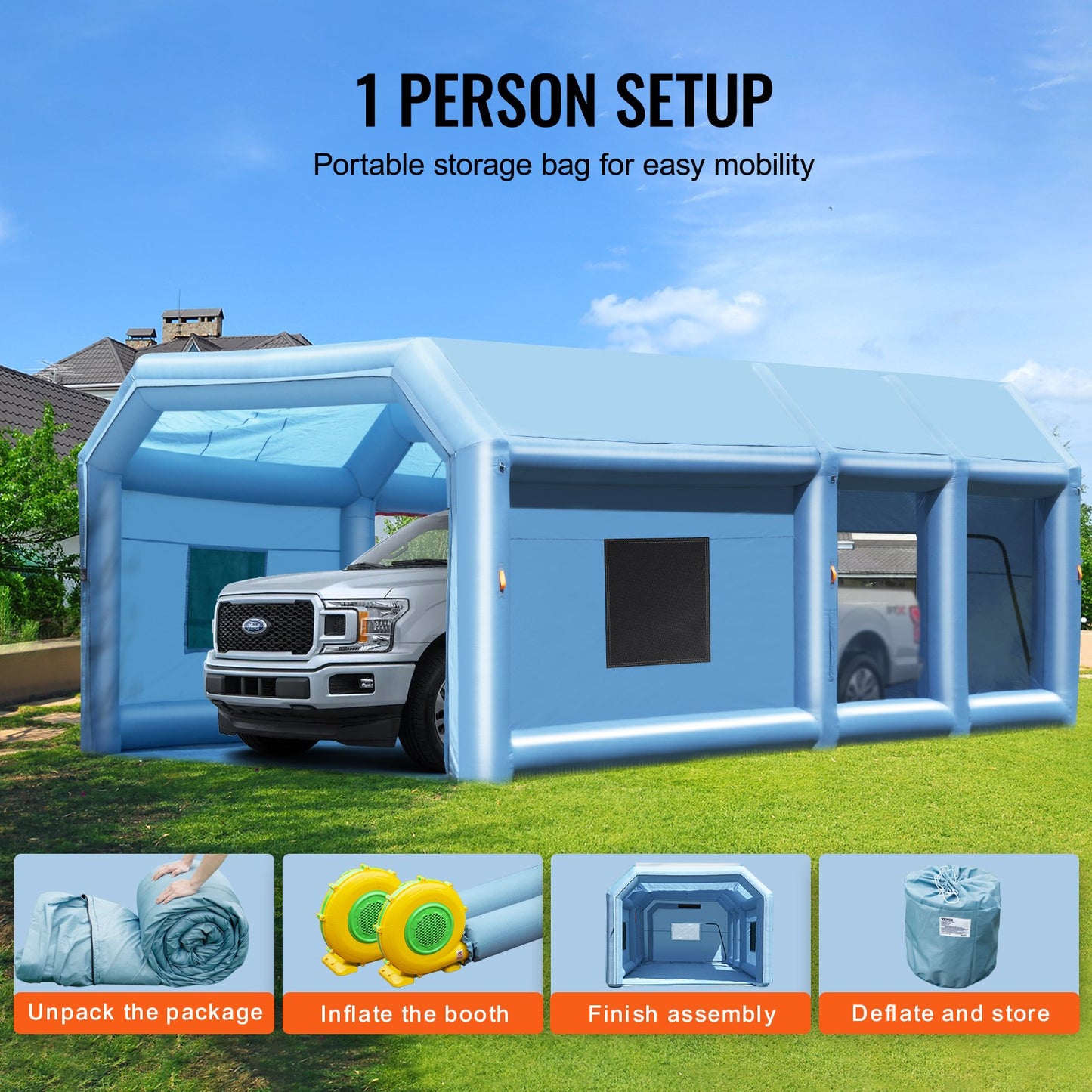 Uppblåsbar lackbox, 29,5 x 15,7 x 11,8 fot uppblåsbar sprutbox, med 950W+750W kraftfulla blåsar och luftfiltersystem, bärbar billackbox för stor lastbil, stor skåpbil, stora maskiner