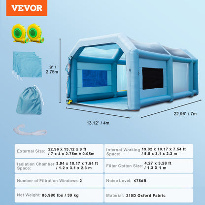 Inflatable Paint Booth, 23x13x8.5ft Inflatable Spray Booth, High Powerful 480W+750W Blowers Spray Booth Tent, Car Paint Tent Air Filter System for Car Parking Tent Workstation Motorcycle Garage