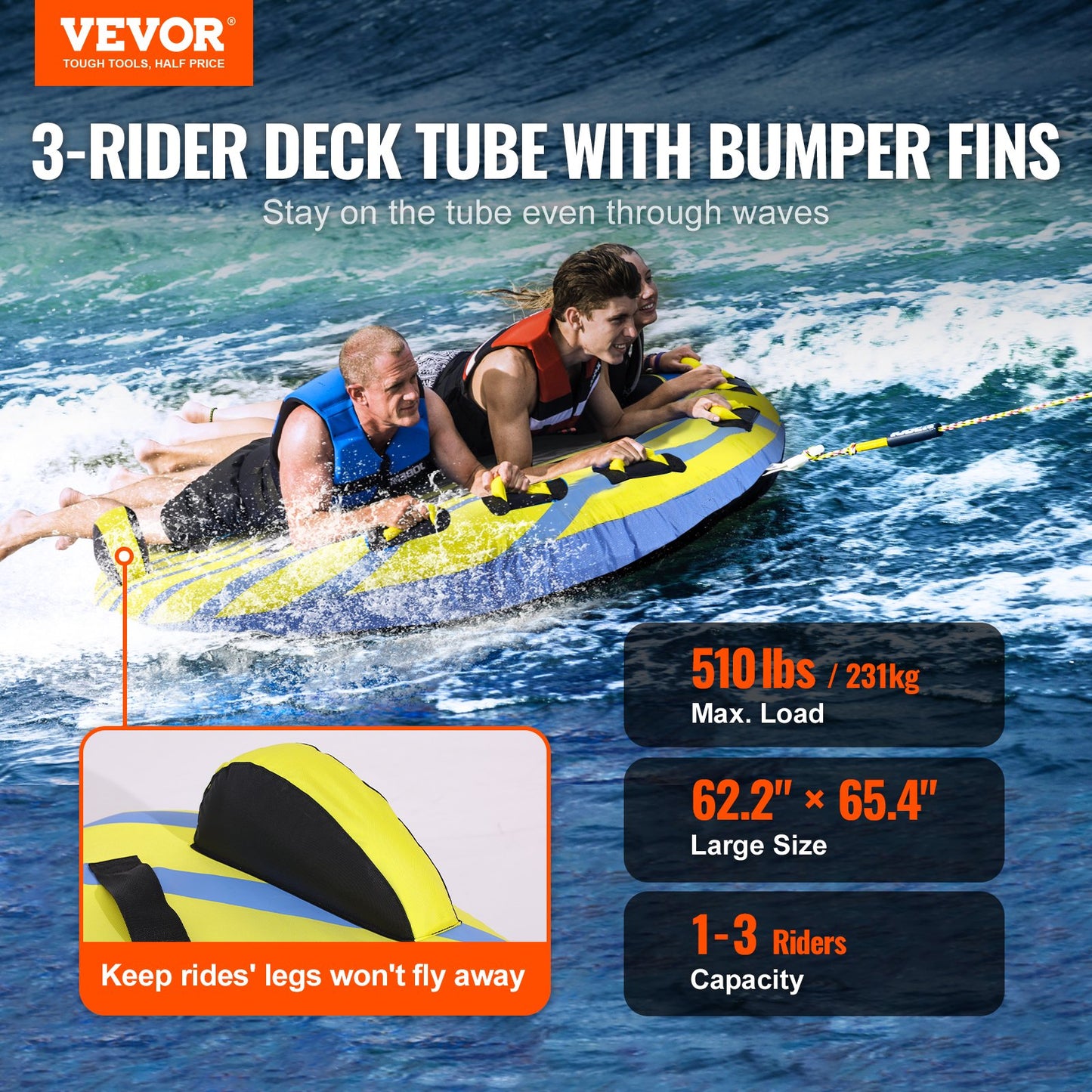 Towable Tube for Boating, 1-3 Rider Inflatable Towable Tube with Bumper, 510 lbs Water Sports Towable Tubes for Boats to Tow, Full Nylon Cover, EVA Grip Handle and Speed Safety Valve