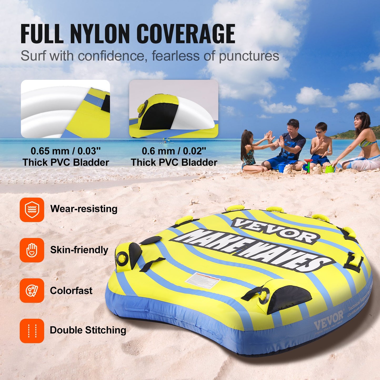 Towable Tube for Boating, 1-3 Riders Inflatable Towable Tube with Bumper Fins, 510 lbs Water Sport Towable Tubes for Boats to Pull, Full Nylon Cover, EVA Grab Handles and Speed Safety Valve