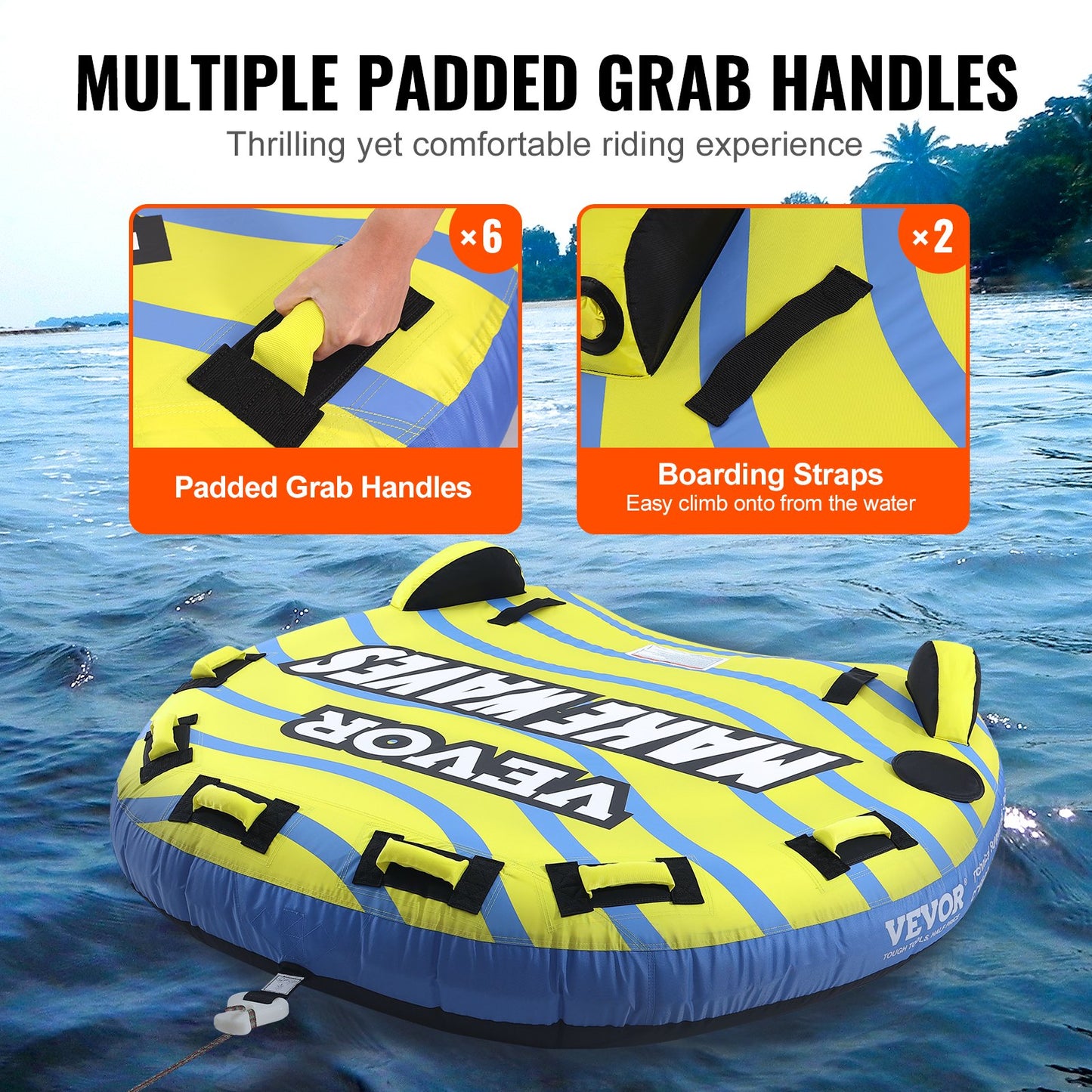 Towable Tube for Boating, 1-3 Riders Inflatable Towable Tube with Bumper Fins, 510 lbs Water Sport Towable Tubes for Boats to Pull, Full Nylon Cover, EVA Grab Handles and Speed Safety Valve