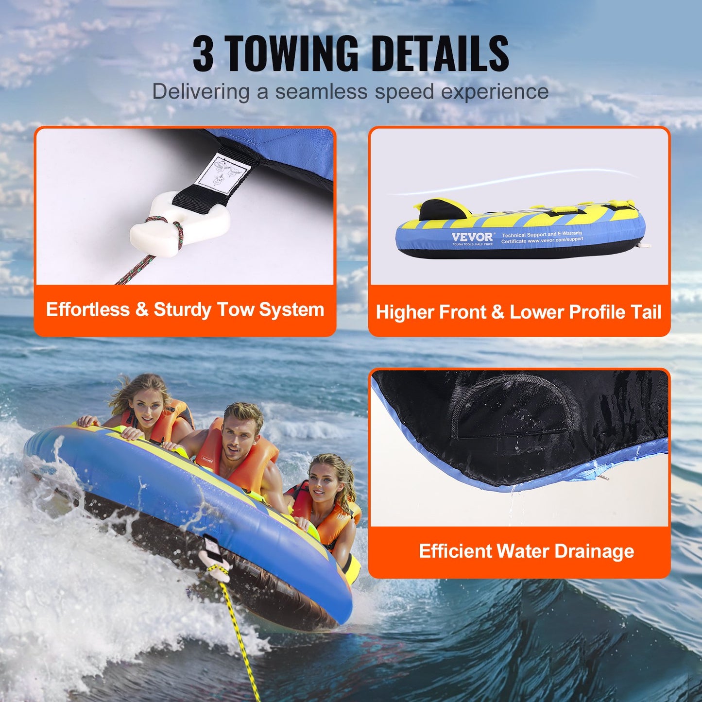 Towable Tube for Boating, 1-3 Rider Inflatable Towable Tube with Bumper, 510 lbs Water Sports Towable Tubes for Boats to Tow, Full Nylon Cover, EVA Grip Handle and Speed Safety Valve