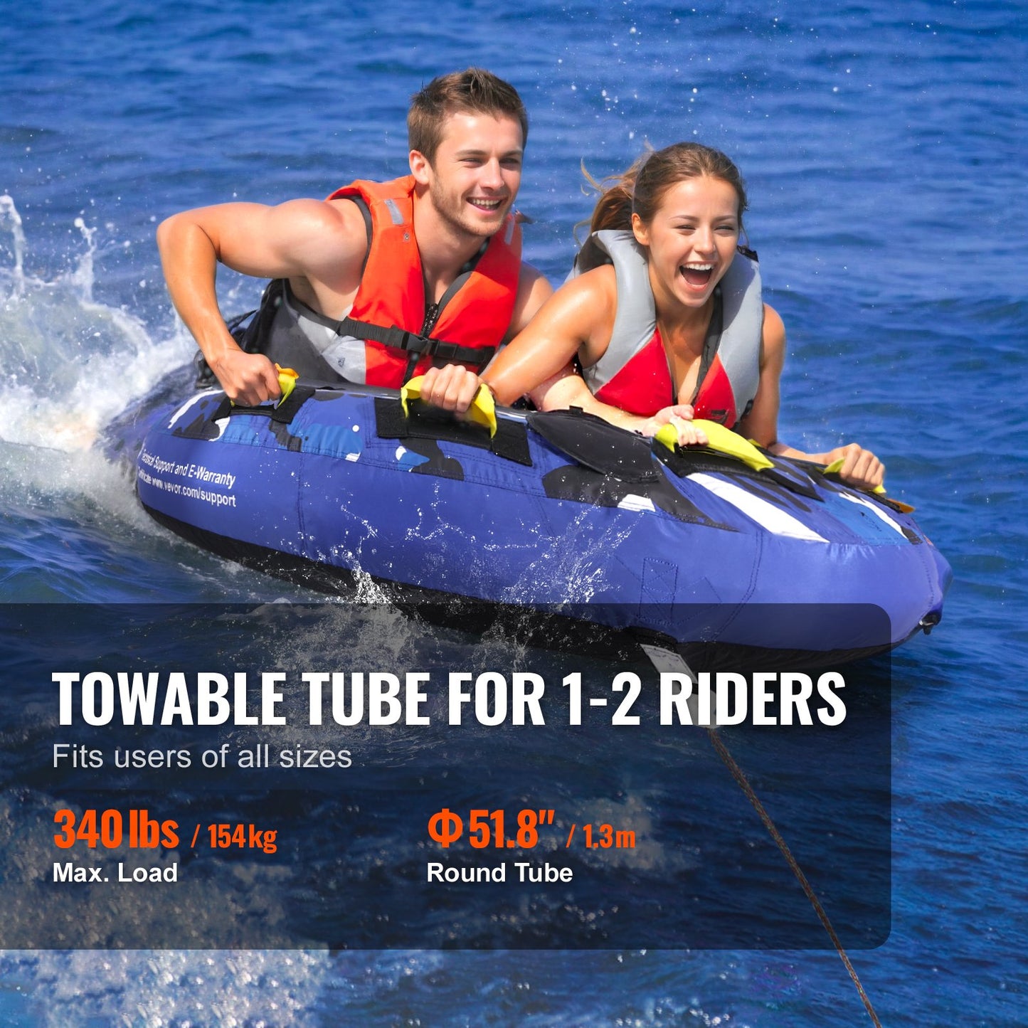 Towable Tube for Boating, 340 lbs, 1-2 Riders Inflatable Boat Tubes and Towables, 51.8" Round Water Sport Towable Tube for Boat to Pull, Full Nylon Cover, EVA Grab Handles and Speed Safety Valve