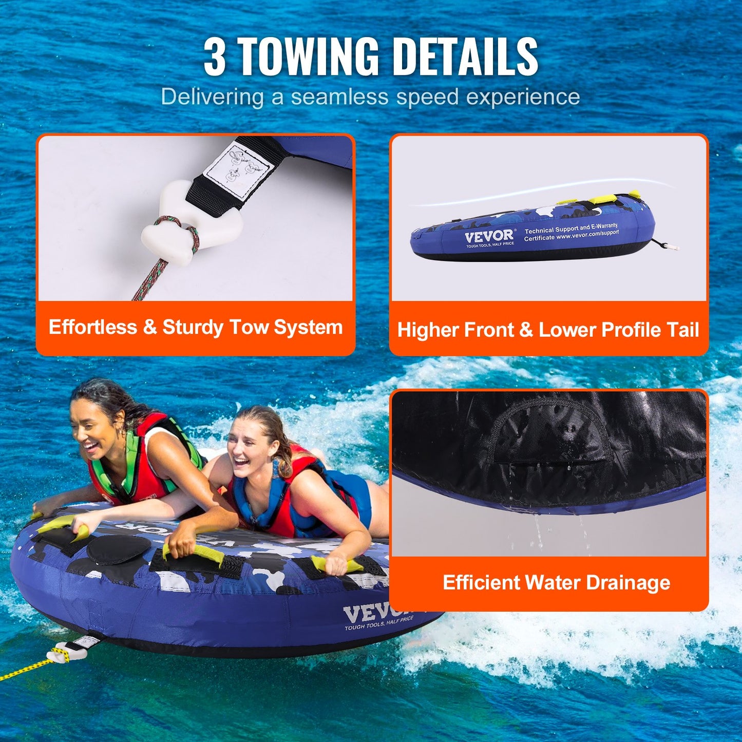 Towable Tube for Boating, 1-2 Rider Inflatable Boat Tubes and Tugboats, 340 lbs, 51.8" Round Water Sport Towable Tube for Boat to Tow, Full Nylon Cover, EVA Grip Handle and Speed Safety Valve