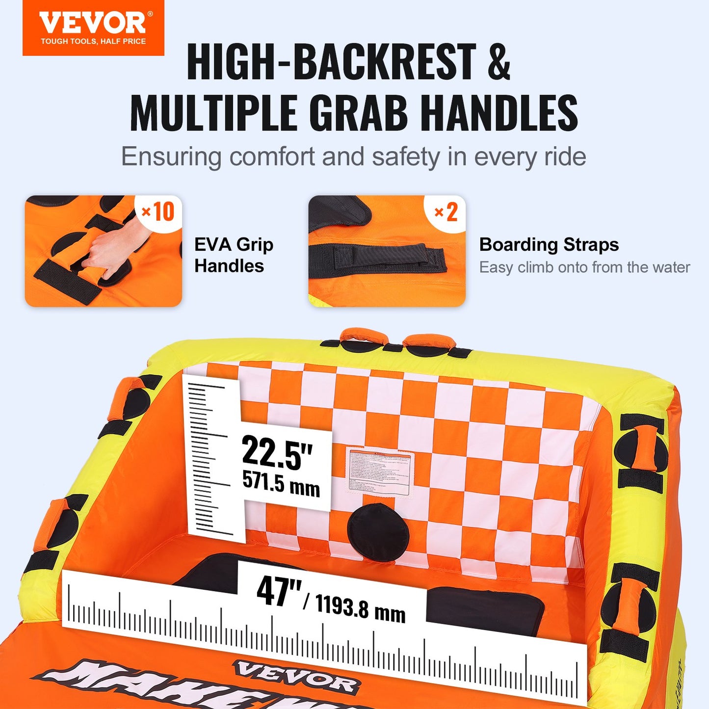 Boating Tow Tube, 1-2 Rider Inflatable Towable Tube with Deck Seats and Backrest, 340 lbs Water Sports Tube for Boat to Tow, Full Nylon Cover, EVA Grip Handle and Speed Safety Valve