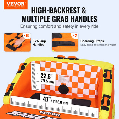 Boating Tow Tube, 1-2 Rider Inflatable Towable Tube with Deck Seats and Backrest, 340 lbs Water Sports Tube for Boat to Tow, Full Nylon Cover, EVA Grip Handle and Speed Safety Valve