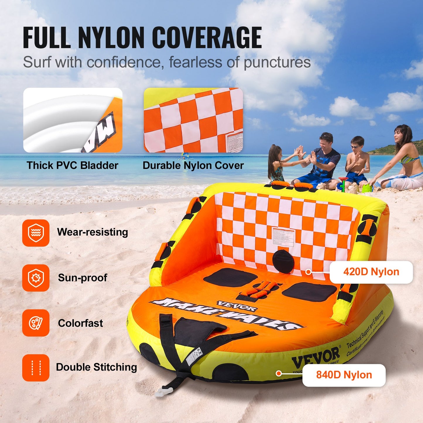 Boating Tow Tube, 1-2 Rider Inflatable Towable Tube with Deck Seats and Backrest, 340 lbs Water Sports Tube for Boat to Tow, Full Nylon Cover, EVA Grip Handle and Speed Safety Valve