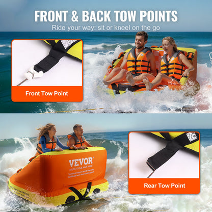 Boating Tow Tube, 1-2 Rider Inflatable Towable Tube with Deck Seats and Backrest, 340 lbs Water Sports Tube for Boat to Tow, Full Nylon Cover, EVA Grip Handle and Speed Safety Valve