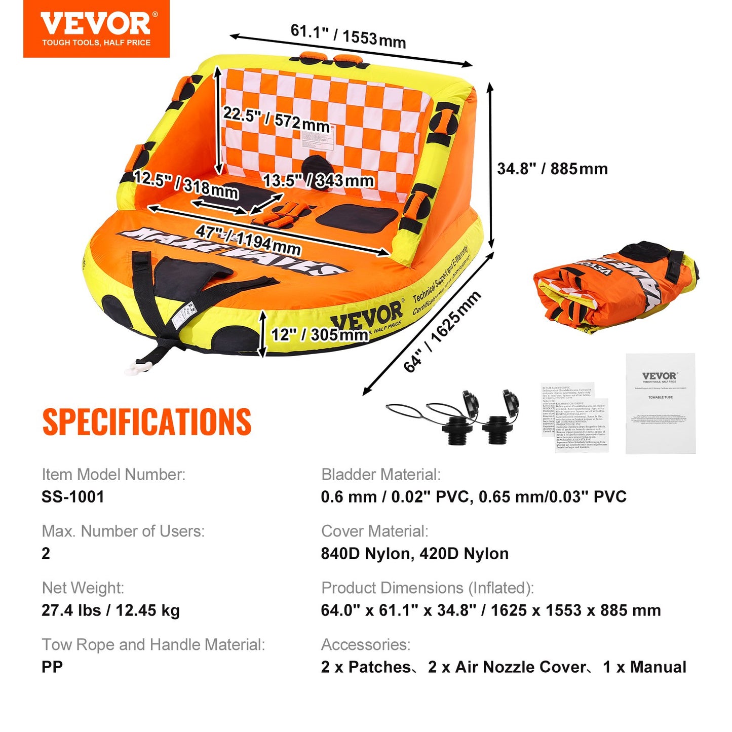 Boating Tow Tube, 1-2 Rider Inflatable Towable Tube with Deck Seats and Backrest, 340 lbs Water Sports Tube for Boat to Tow, Full Nylon Cover, EVA Grip Handle and Speed Safety Valve