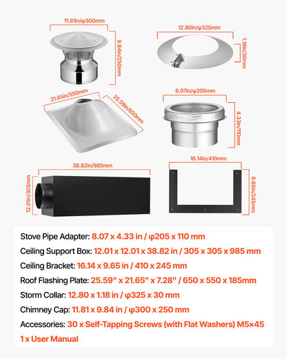 Through the Wall Kit for 6-Inch Chimney Pipe, Stainless Steel Internal Through Wall Chimney Kit with Rain Cap,Roof Waterproof Flashing Plate for 30-45 Degree Roof Pitch(No Straight Pipe)
