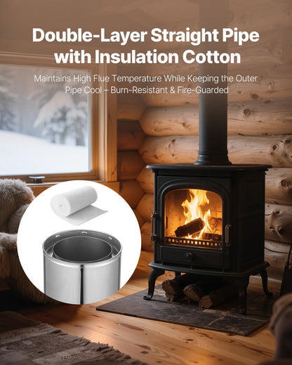 Double Wall Insulated Chimney Pipe, 6 x 48 inch Stainless Steel (Inner 316,Outer 304) Stove Straight Pipe, Easy Installation & Thick Insulation Cotton for Indoor and Outdoor, 1 Pack,Silver