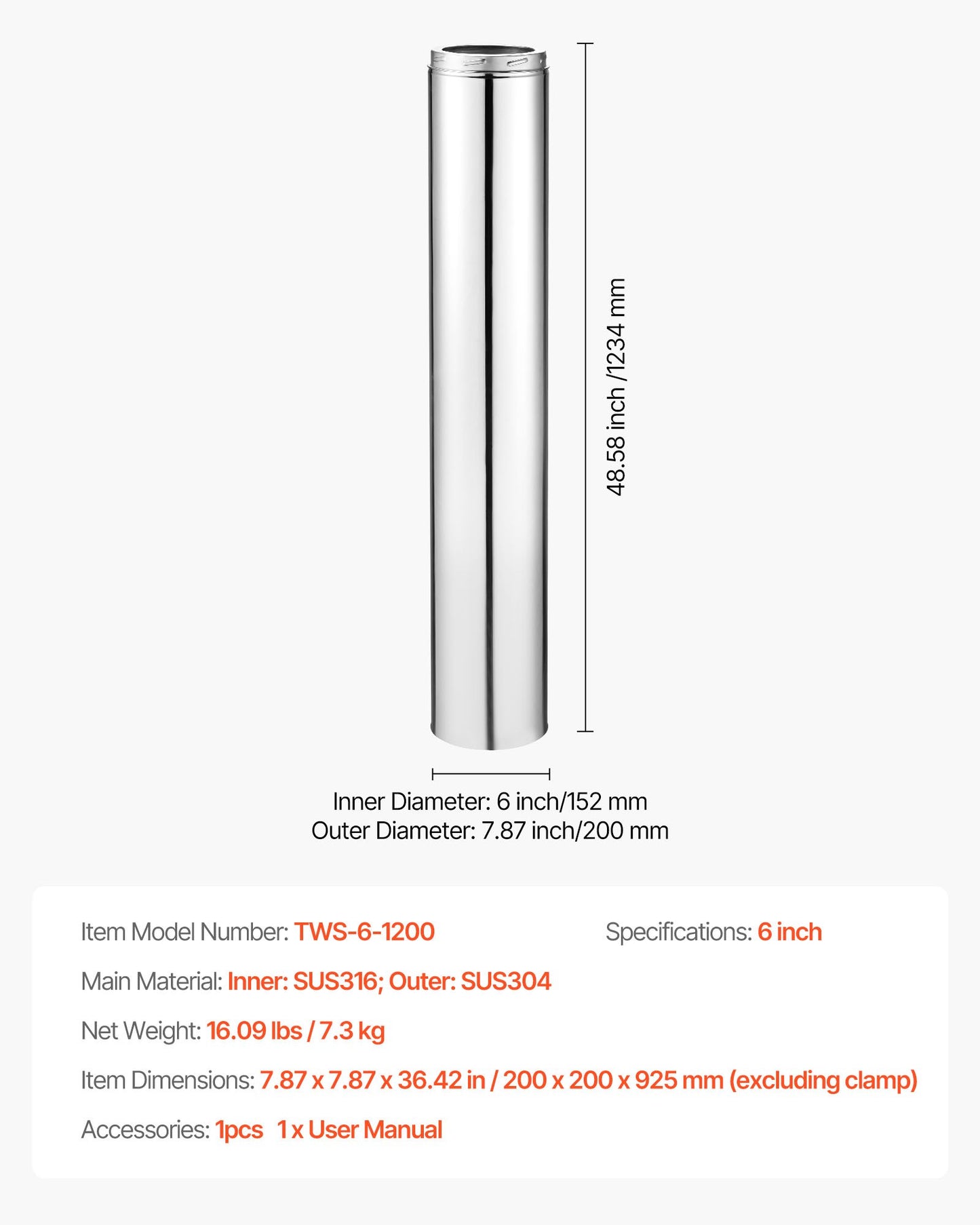 Double Wall Insulated Chimney Pipe, 6 x 48 inch Stainless Steel (Inner 316,Outer 304) Stove Straight Pipe, Easy Installation & Thick Insulation Cotton for Indoor and Outdoor, 1 Pack,Silver