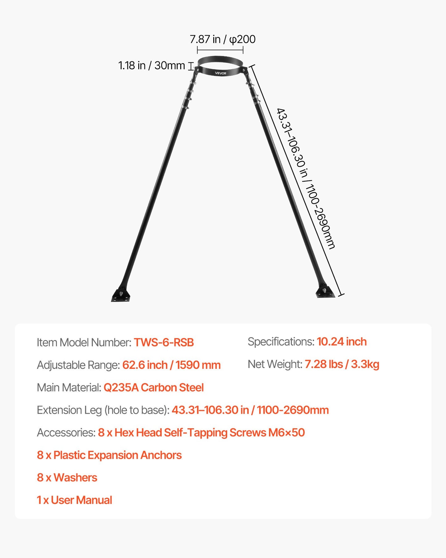 6 inches Extended Roof Bracket, Supports Chimney Stove Pipe for Stability, Mounting Brackets with Adjustable Legs, Steel with Powder Coating,Side/Top Mount Installation (No Rain Cap,Pipe)