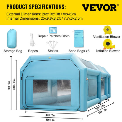 Portable Inflatable Paint Booth, 26x15x10 Feet Inflatable Spray Booth, Car Paint Tent with Air Filter System and 2 Blowers, Upgraded Spray Booth Tent, Car Painting Workstation, Car Parking Garage