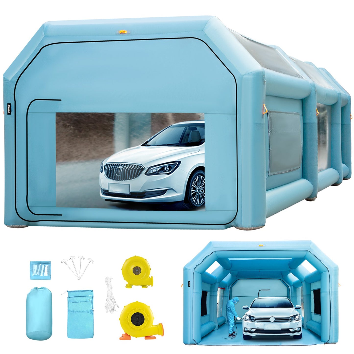 Portable Inflatable Paint Booth, 26x15x10 Feet Inflatable Spray Booth, Car Paint Tent with Air Filter System and 2 Blowers, Upgraded Spray Booth Tent, Car Painting Workstation, Car Parking Garage