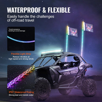 2 PCS 3 FT Whip Light with Spring Base, Led Whip Light with APP & Remote Control, Waterproof 360° Spiral RGB Chasing Lighted Whips with 2 Flags, for UTVs, ATVs, Motorcycles, RZR, Can-am, Go-kart