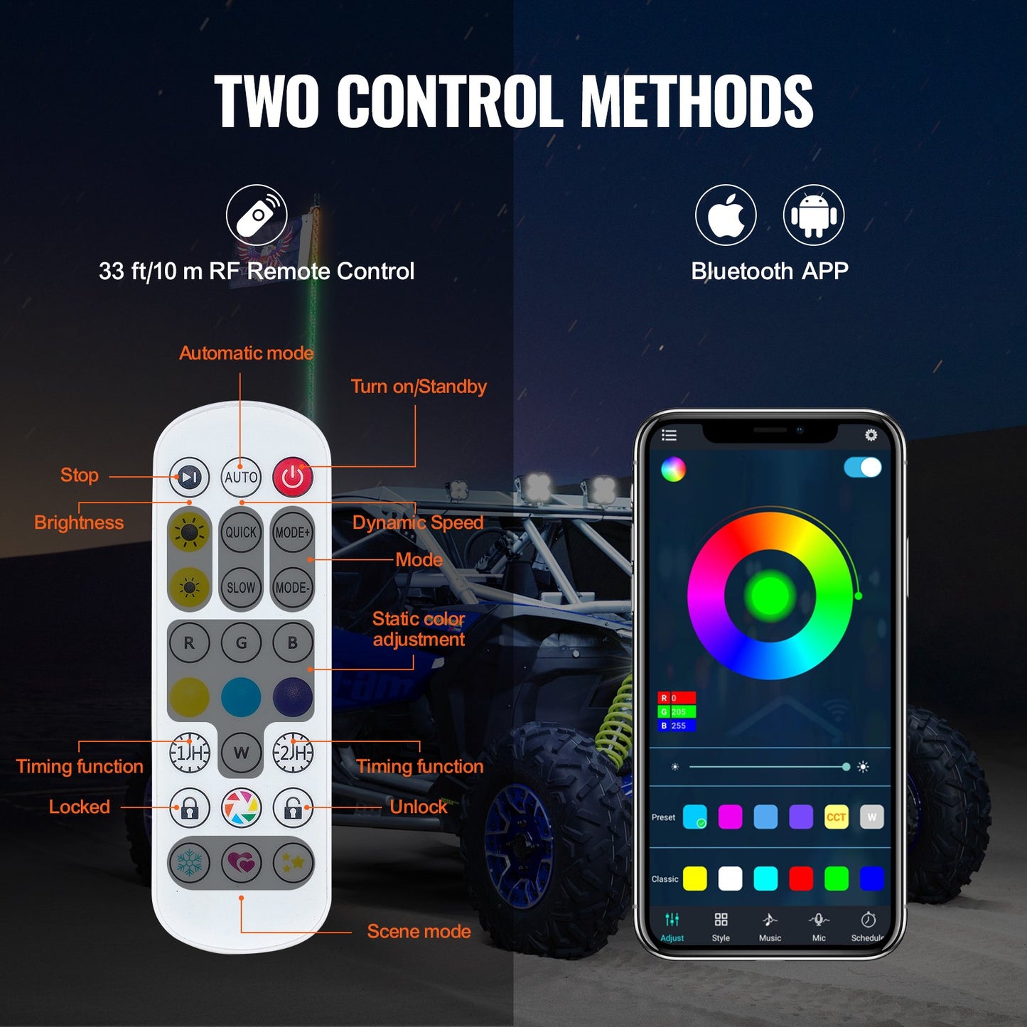 1 PC 3 FT Whip Light with Spring Base, Led Whip Light with APP & Remote Control, Waterproof 360° Spiral RGB Chasing Lighted Whip with 2 Flags, for UTVs, ATVs, Motorcycles, RZR, Can-am, Go-karts
