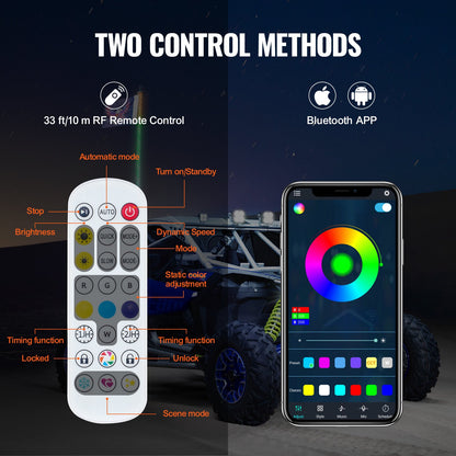 1 PC 3 FT Whip Light with Spring Base, Led Whip Light with APP & Remote Control, Waterproof 360° Spiral RGB Chasing Lighted Whip with 2 Flags, for UTVs, ATVs, Motorcycles, RZR, Can-am, Go-karts