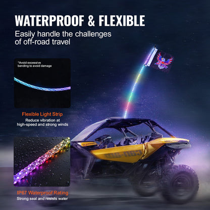 1 PC 3 FT Whip Light with Spring Base, Led Whip Light with APP & Remote Control, Waterproof 360° Spiral RGB Chasing Lighted Whip with 2 Flags, for UTVs, ATVs, Motorcycles, RZR, Can-am, Go-karts