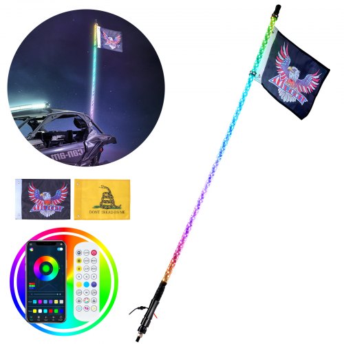 1 PC 4 FT Whip Light, APP & RF Remote Control Led Whip Light, Waterproof 360° Spiral RGB Chasing Lighted Whips with 2 Flags, for UTVs, ATVs, Motorcycles, RZR, Can-am, Trucks, Off-road, Go-karts