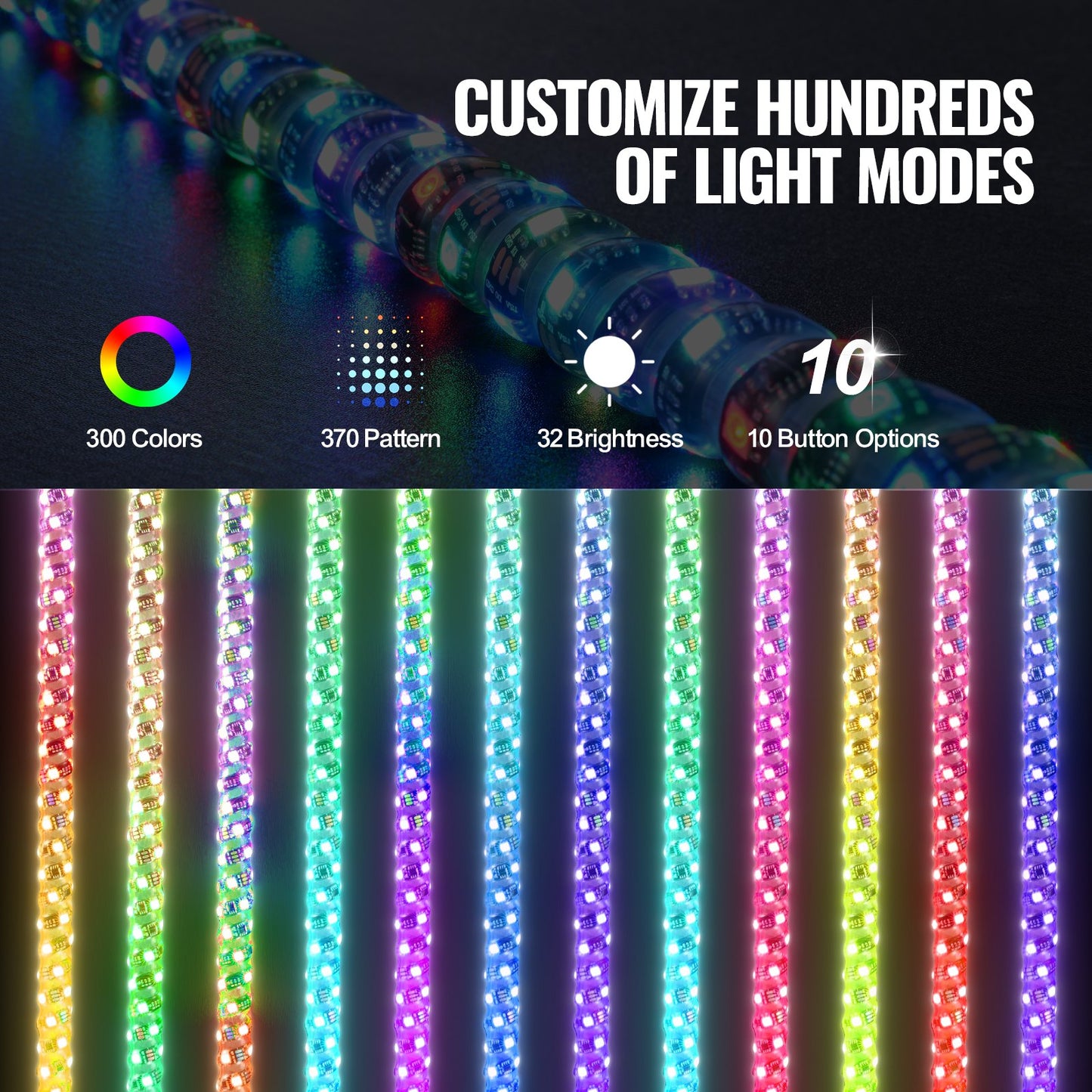 1 PC 4 FT Whip Light, APP & RF Remote Control Led Whip Light, Waterproof 360° Spiral RGB Chasing Lighted Whips with 2 Flags, for UTVs, ATVs, Motorcycles, RZR, Can-am, Trucks, Off-road, Go-karts
