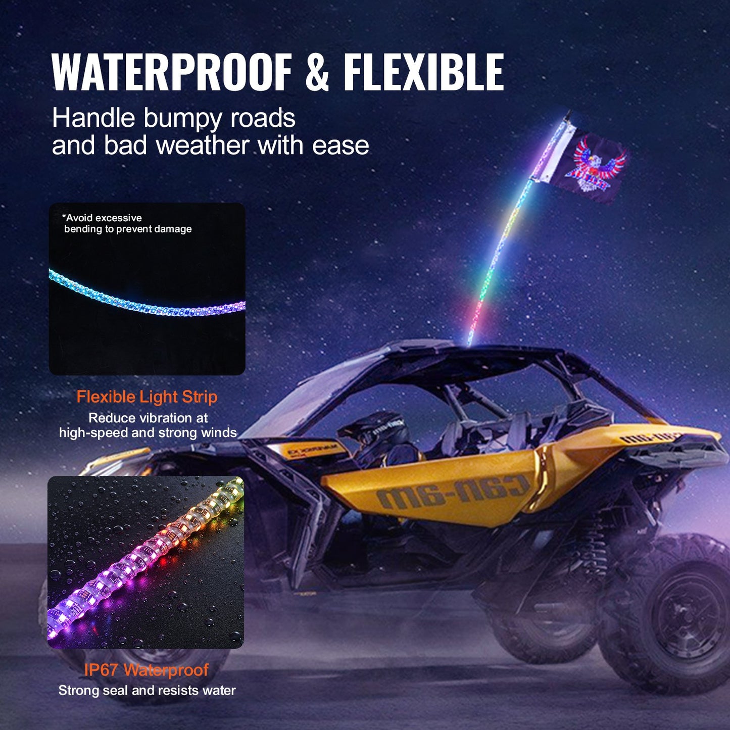 1 PC 4 FT Whip Light, APP & RF Remote Control Led Whip Light, Waterproof 360° Spiral RGB Chasing Lighted Whips with 2 Flags, for UTVs, ATVs, Motorcycles, RZR, Can-am, Trucks, Off-road, Go-karts