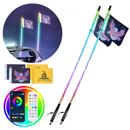 2 PCS 4 FT Whip Light, APP & RF Remote Control Led Whip Light, Waterproof 360° Spiral RGB Chasing Lighted Whips with 4 Flags, for UTVs, ATVs, Motorcycles, RZR, Can-am, Trucks, Off-road, Go-karts