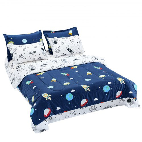 Kids Comforter Set, 7 Pieces, Twin Bedding Sets with 1 Comforter, 1 Flat Sheet, 1 Fitted Sheet, 4 Pillowcases, Soft Microfiber & Space Printed, Bedding Comforter Sets for Boys Girls Teen