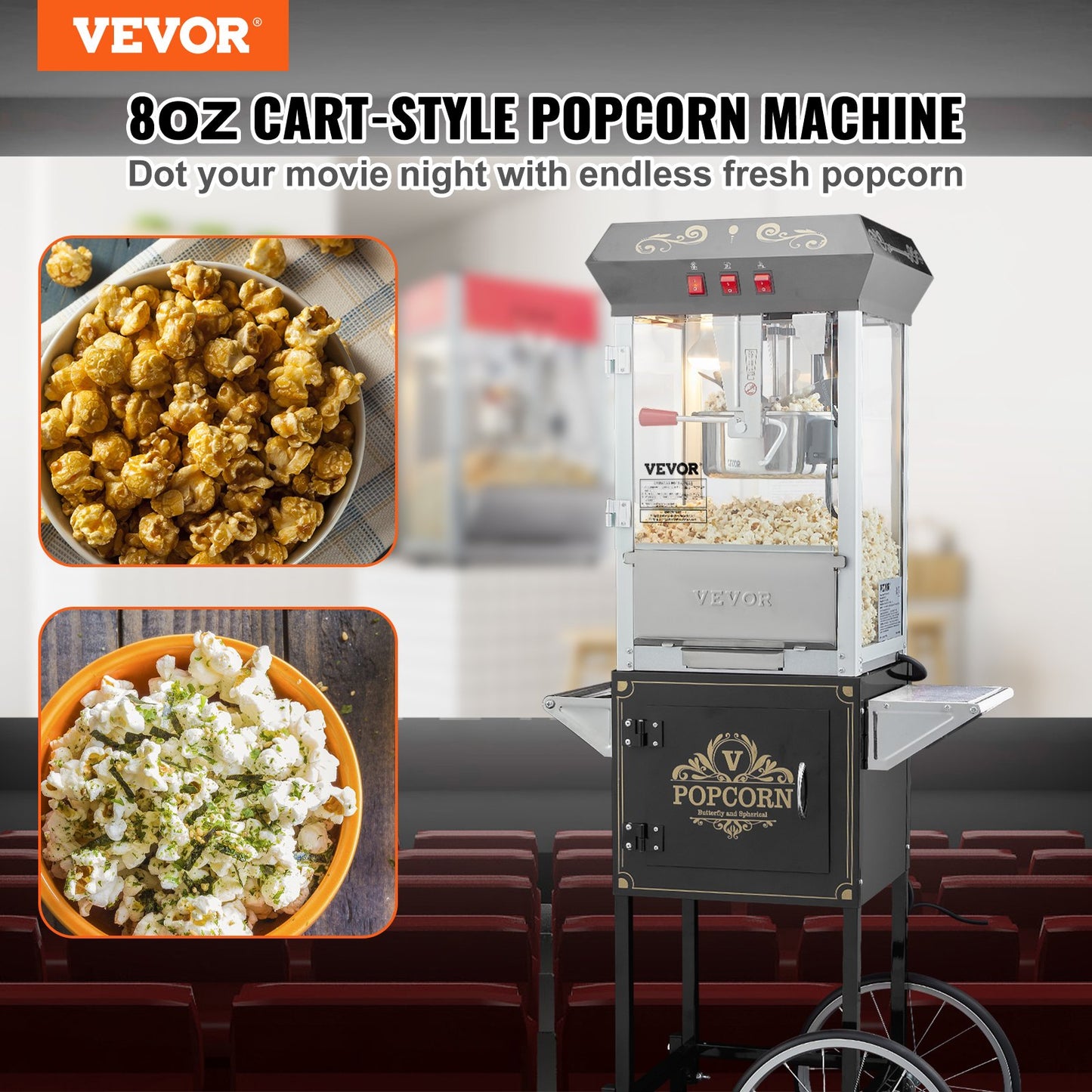 Popcorn Popper maskin med vagn Popcorn Maker 850W 8 Oz 48 koppar svart