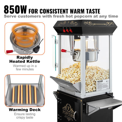 Popcorn Popper maskin med vagn Popcorn Maker 850W 8 Oz 48 koppar svart