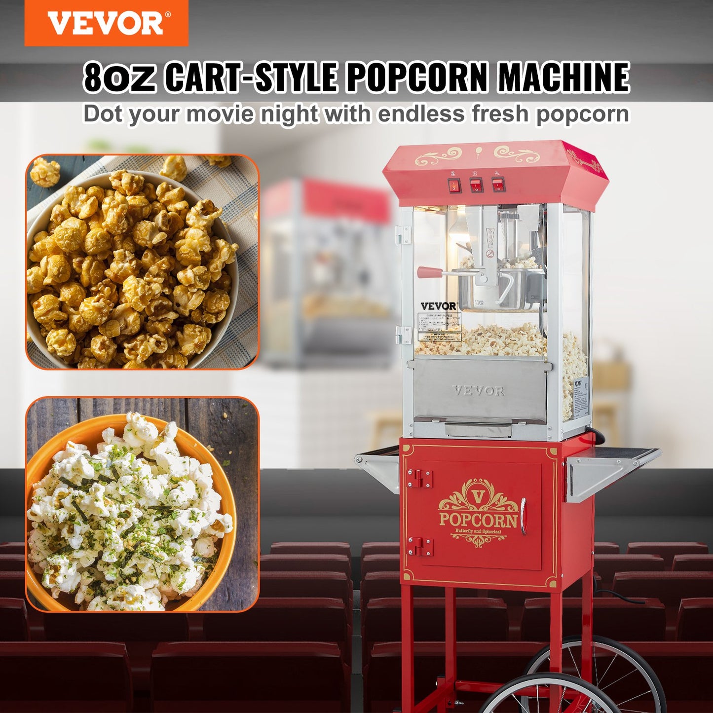 Popcorn Popper Machine med vagn Popcorn Maker 850W 8 Oz 48 koppar Röd