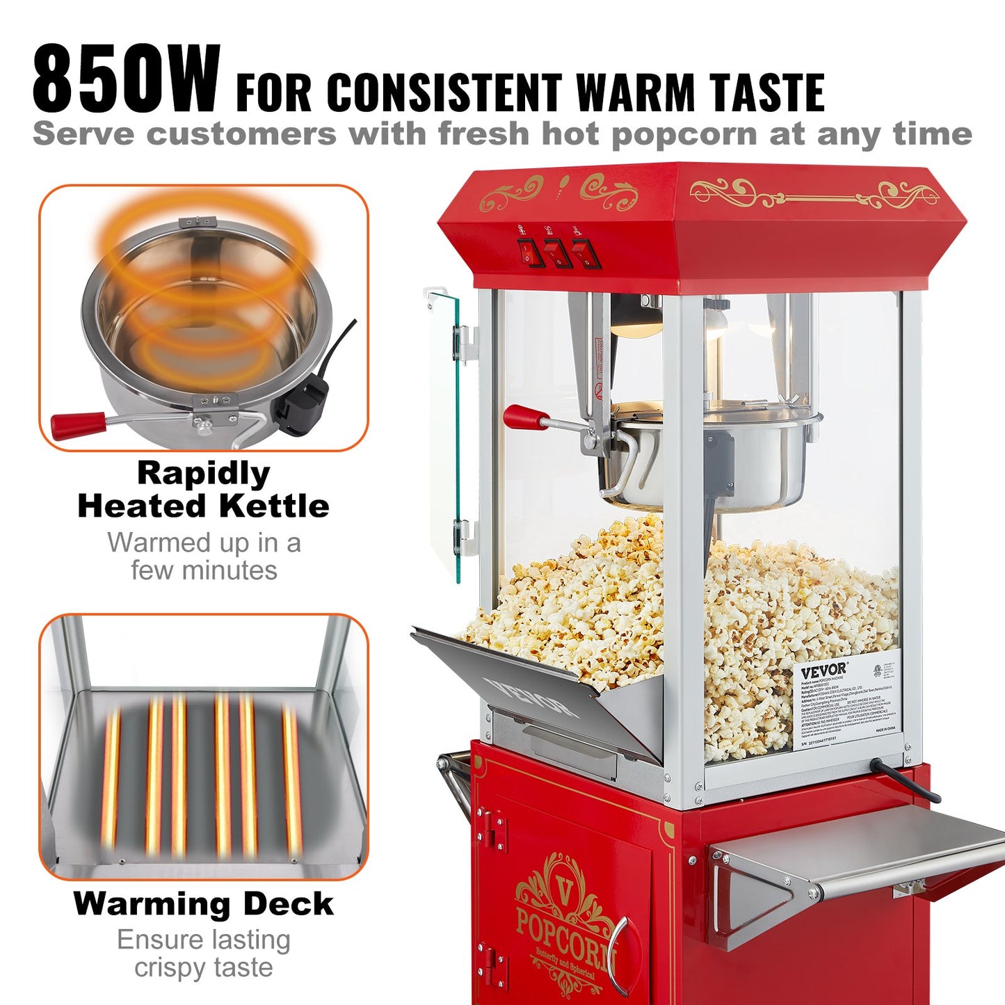 Popcorn Popper Machine med vagn Popcorn Maker 850W 8 Oz 48 koppar Röd