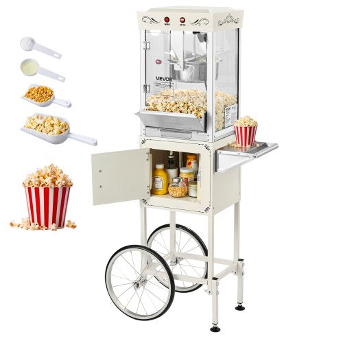 Popcorn Machine with Cart, 8oz Stainless Steel Kettle, 800W Commercial Popcorn Maker, 48 Cups per Batch Theater Style Popper, with 2-Button Control Glass Wall PC Door 1 Scoop 3 Spoons, White