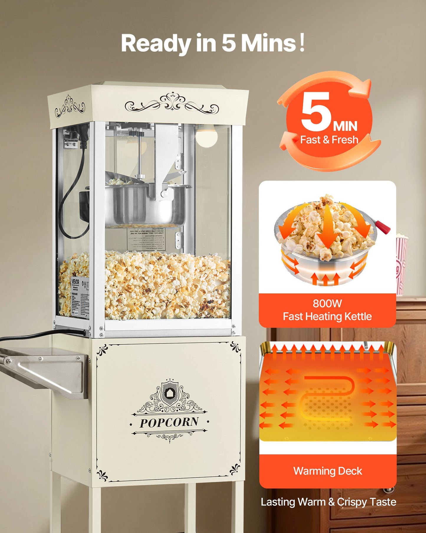 Popcorn Machine with Cart, 8oz Stainless Steel Kettle, 800W Commercial Popcorn Maker, 48 Cups per Batch Theater Style Popper, with 2-Button Control Glass Wall PC Door 1 Scoop 3 Spoons, White