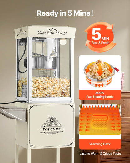 Popcorn Machine with Cart, 8oz Stainless Steel Kettle, 800W Commercial Popcorn Maker, 48 Cups per Batch Theater Style Popper, with 2-Button Control Glass Wall PC Door 1 Scoop 3 Spoons, White