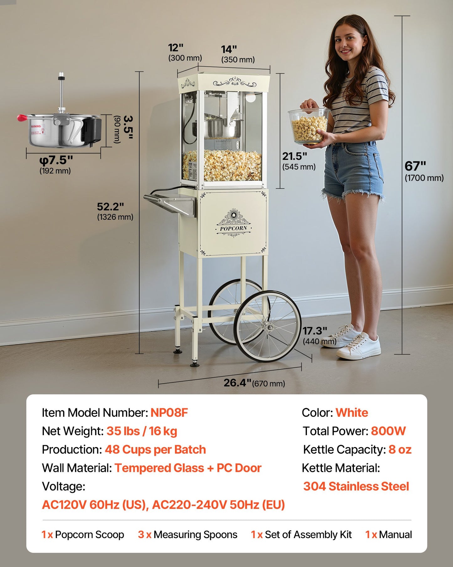 Popcorn Machine with Cart, 8oz Stainless Steel Kettle, 800W Commercial Popcorn Maker, 48 Cups per Batch Theater Style Popper, with 2-Button Control Glass Wall PC Door 1 Scoop 3 Spoons, White