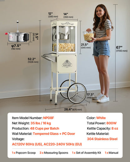 Popcorn Machine with Cart, 8oz Stainless Steel Kettle, 800W Commercial Popcorn Maker, 48 Cups per Batch Theater Style Popper, with 2-Button Control Glass Wall PC Door 1 Scoop 3 Spoons, White
