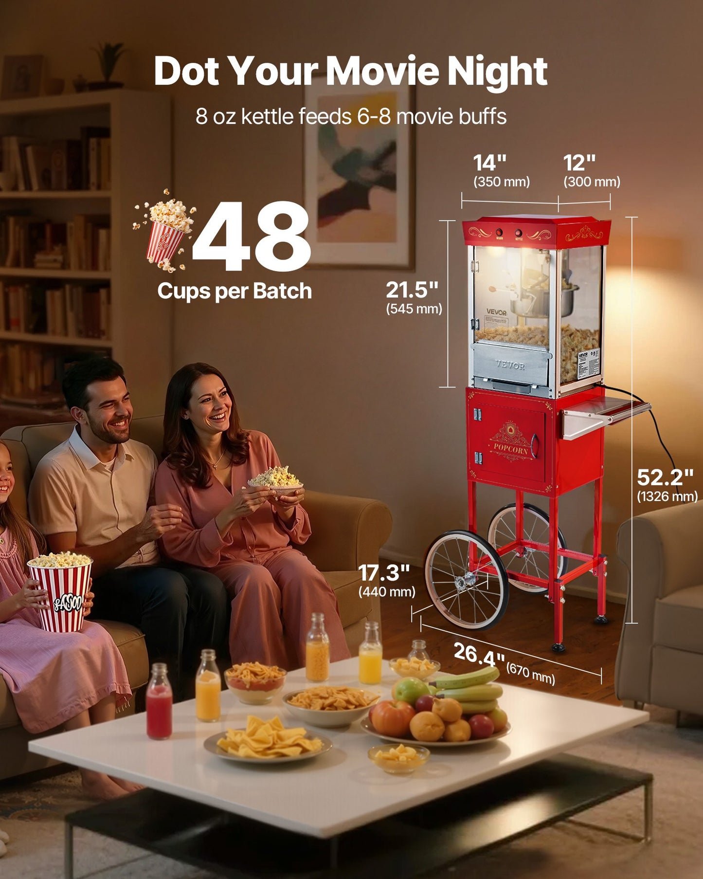 Popcorn Machine with Cart, 8oz Stainless Steel Kettle, 800W Commercial Popcorn Maker, 48 Cups per Batch Theater Style Popper, with 2-Button Control Glass Wall PC Door 1 Scoop 3 Spoons, Red