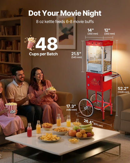 Popcorn Machine with Cart, 8oz Stainless Steel Kettle, 800W Commercial Popcorn Maker, 48 Cups per Batch Theater Style Popper, with 2-Button Control Glass Wall PC Door 1 Scoop 3 Spoons, Red