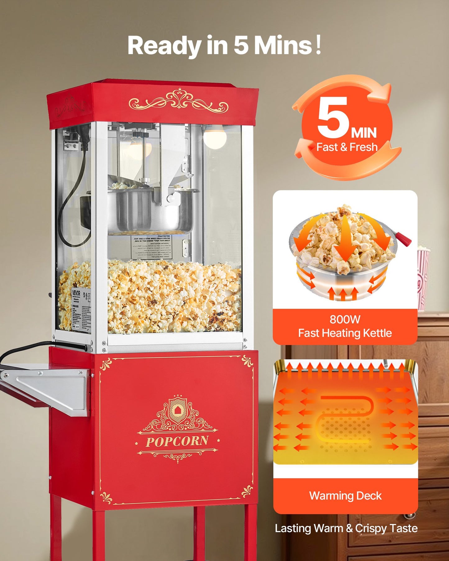 Popcorn Machine with Cart, 8oz Stainless Steel Kettle, 800W Commercial Popcorn Maker, 48 Cups per Batch Theater Style Popper, with 2-Button Control Glass Wall PC Door 1 Scoop 3 Spoons, Red