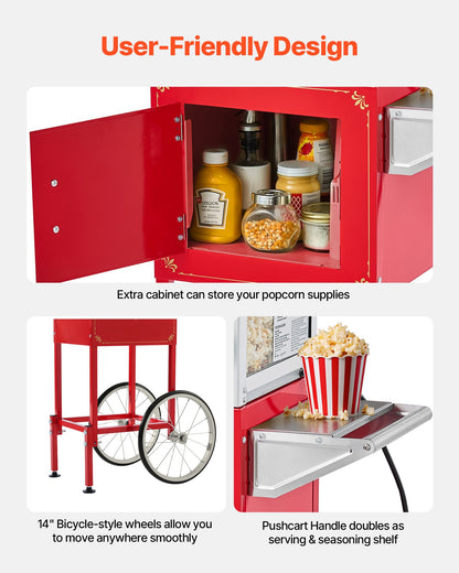 Popcorn Machine with Cart, 8oz Stainless Steel Kettle, 800W Commercial Popcorn Maker, 48 Cups per Batch Theater Style Popper, with 2-Button Control Glass Wall PC Door 1 Scoop 3 Spoons, Red