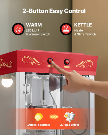 Popcorn Machine with Cart, 8oz Stainless Steel Kettle, 800W Commercial Popcorn Maker, 48 Cups per Batch Theater Style Popper, with 2-Button Control Glass Wall PC Door 1 Scoop 3 Spoons, Red