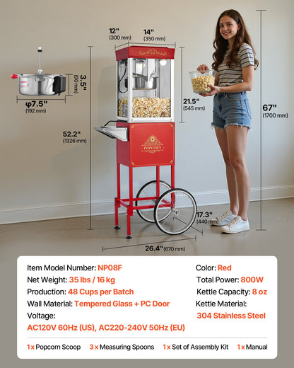 Popcorn Machine with Cart, 8oz Stainless Steel Kettle, 800W Commercial Popcorn Maker, 48 Cups per Batch Theater Style Popper, with 2-Button Control Glass Wall PC Door 1 Scoop 3 Spoons, Red