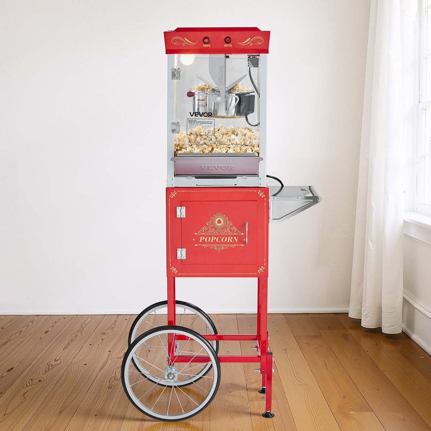 Popcorn Machine with Cart, 8oz Stainless Steel Kettle, 800W Commercial Popcorn Maker, 48 Cups per Batch Theater Style Popper, with 2-Button Control Glass Wall PC Door 1 Scoop 3 Spoons, Red